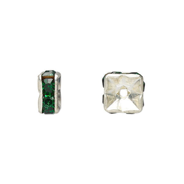 Bead, glass rhinestone and silver-plated brass, emerald green, 8x4mm squaredelle. Sold per pkg of 10. image number 0