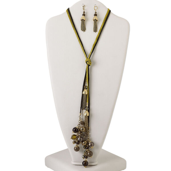 Necklace and earring set, antiqued brass-finished steel and aluminum / gold-finished brass and steel / polyester / aluminum / acrylic / glass, black and green, multi-shape, 24-inch lariat, 2-7/8 inch earrings with leverback ear wire. Sold per set. image number 0