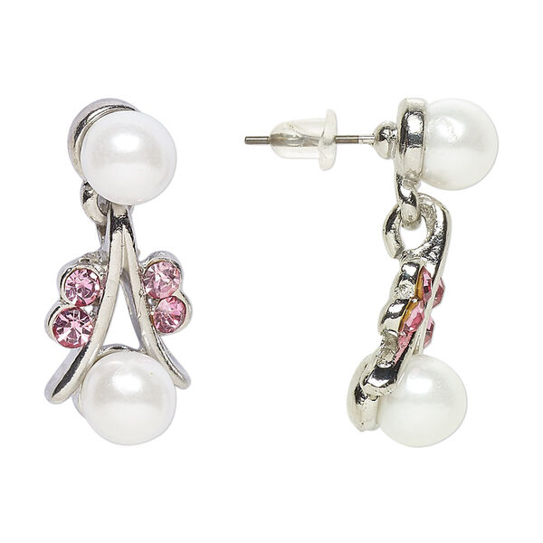 Earring, Everyday Jewelry, antique silver-finished "pewter" (zinc-based alloy) / glass / acrylic pearl, pink and white, 27mm with post. Sold per pair. image number 0