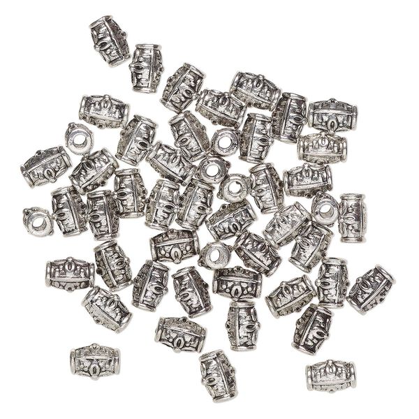 Bead, "pewter" (zinc-based alloy), pkg/50, 10x6mm-10x7mm oval tube with flower, antique silver finish. image number 0