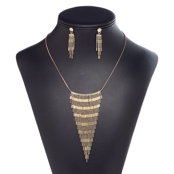 Necklace and earring set, rose gold-finished steel / brass / "pewter" (zinc-based alloy), 4-inch fringed fan, 18-inch necklace with 2-inch extender chain and lobster claw clasp, 46mm earrings with post. Sold per set. image number 0