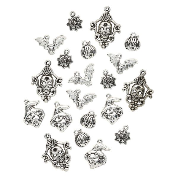Charm, antique silver plate "pewter" (zinc-based alloy), 12x12mm-29x23mm assorted single-sided Halloween theme. Sold per pkg of 20. image number 0