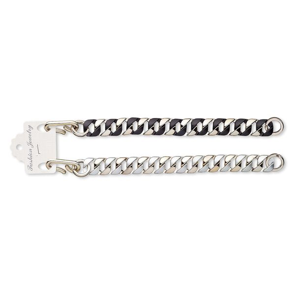 Bracelet, acrylic and rose gold-coated plastic, matte black and silver, 17mm wide, 7-1/2 inches with hook-and-eye clasp. Sold per pkg of 2. image number 0