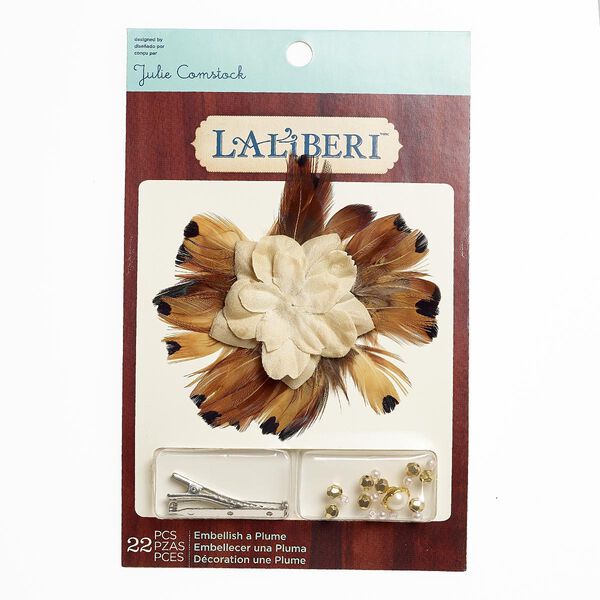 Brooch / hair clip kit, Laliberi™, feather (natural) / fabric / silver-finished steel / gold-coated acrylic, tan / white / light pink, flower. Sold per kit. image number 0