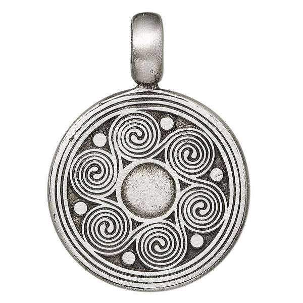 Pendant, "pewter" (zinc-based alloy), 45x31mm flat round with spirals. Sold individually. image number 0