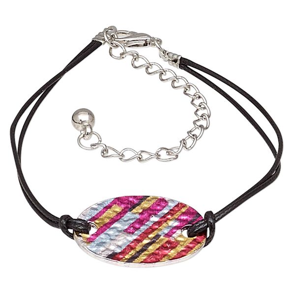 Bracelet, mylar / waxed cotton cord / imitation rhodium-plated steel / "pewter" (zinc-based alloy), black and multicolored, 27x20mm oval with line design, 8 inches with 3-inch extender chain and lobster claw clasp. Sold individually. image number 0