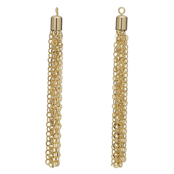 Focal, 1pkg2 gold-finished brass, 3 x 1/4 inch cable chain tassel. image number 0