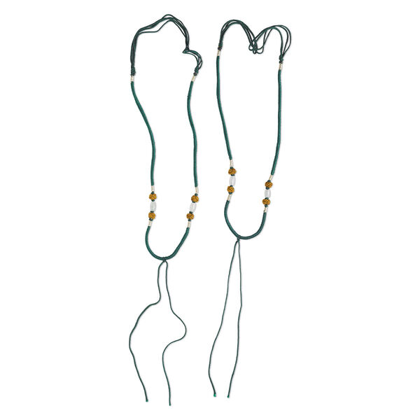 Necklace cord, macramé, jadeite (natural/dyed) and imitation silk, dark green / copper, 2-3.5mm wide with 5-1/2 inch dangle, 20 inches with slip knot closure. Sold per pkg of 2. image number 0