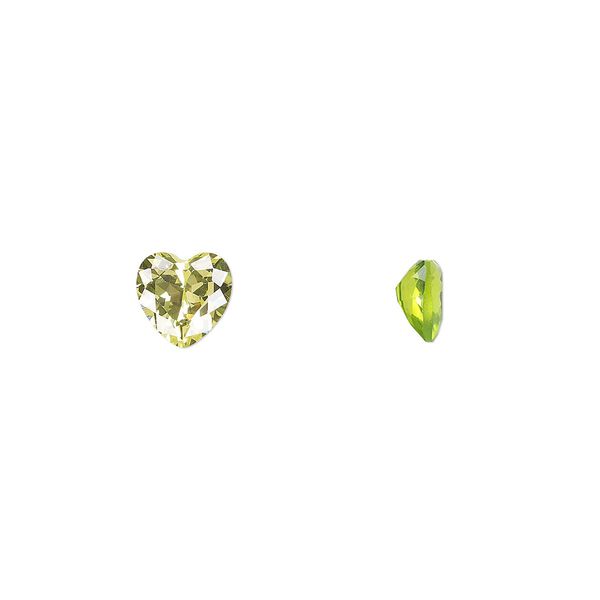 Gem, cubic zirconia, peridot green, 6mm faceted heart, Mohs hardness 8-1/2. Sold per pkg of 2. image number 0