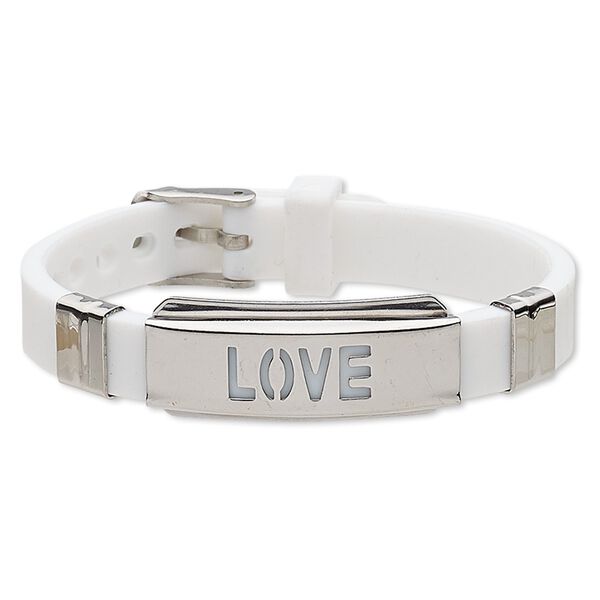 Bracelet, Softique™, silicone and stainless steel, white, 16mm wide with 39x16mm curved rectangle and cutout "LOVE," adjustable from 5-1/2 to 7-1/2 inches with buckle-style closure. Sold individually. image number 0