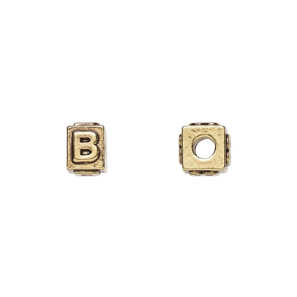 Bead, antique gold-plated pewter (tin-based alloy), 8x6mm rectangle with alphabet letter "B." Sold per pkg of 4. image number 0