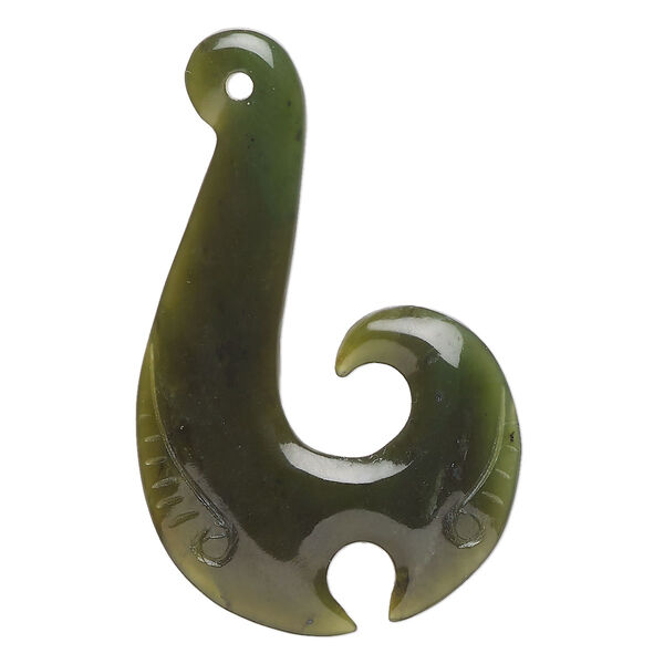 Focal, nephrite jade (natural), 45x28mm-47x30mm hand-cut two-sided hook, B Grade, Mohs hardness 6 to 6-1/2. Sold individually. image number 0