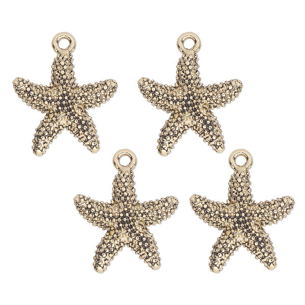 Charm, antique gold-finished "pewter" (zinc-based alloy) , 19mm single-sided starfish. Sold per pkg of 4. image number 0