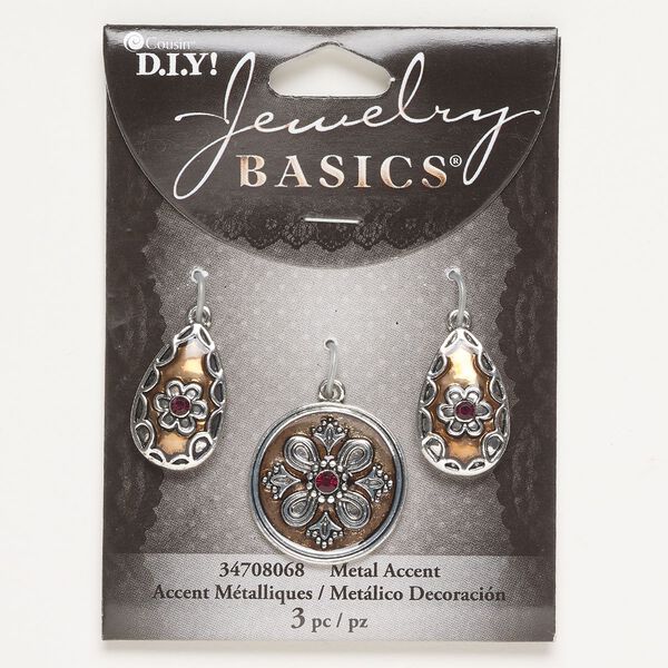 Drop assortment, brass / glass / enamel, pkg/3, 25mm round and 23x14mm teardrop, copper / antique silver finish / red. image number 0