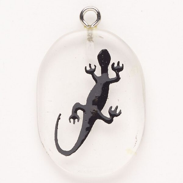 Focal, steel/glass/enamel, pkg/1, silver finish/clear/black, 30x24mm-39x27mm single-sided puffed freeform with salamander. image number 0