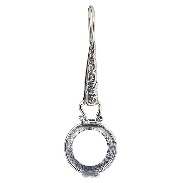 Earring, antiqued sterling silver, 42.5mm fishhook with flourish and marquise design and open back with 12mm 2-prong round cabochon setting. Sold per pair. image number 0
