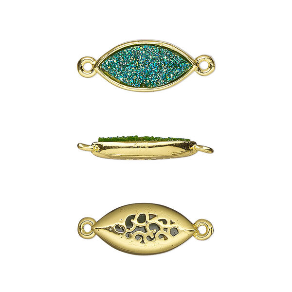 Link, Druzylite™, "druzy" (resin) and gold-finished brass, green, 16x8mm two-sided marquise with open filigree back. Sold per pkg of 4. image number 0