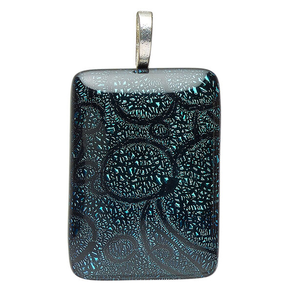 Pendant, silver-finished "pewter" (zinc-based alloy) and dichroic glass, blue and black, 45x35mm rectangle with bubbles. Sold individually. image number 0