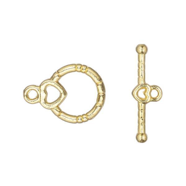 Clasp, toggle, gold-finished "pewter" (zinc-based alloy), 12.5mm beaded round with open heart design. Sold per pkg of 10. image number 0