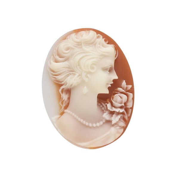 Cabochon, acrylic, white and peach, 30x22mm right-facing non-calibrated oval cameo with woman. Sold individually. image number 0