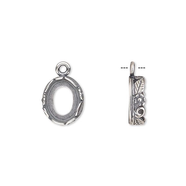 Drop, JBB Findings, antique silver-plated brass, 12x10mm oval with open back and flower and leaf design trim, 10x8mm oval bezel setting. Sold per pkg of 2. image number 0