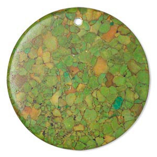 Focal, mosaic "turquoise" (magnesite) (dyed / assembled), green, 40mm flat round, B grade, Mohs hardness 3-1/2 to 4. Sold per pkg of 2. image number 0