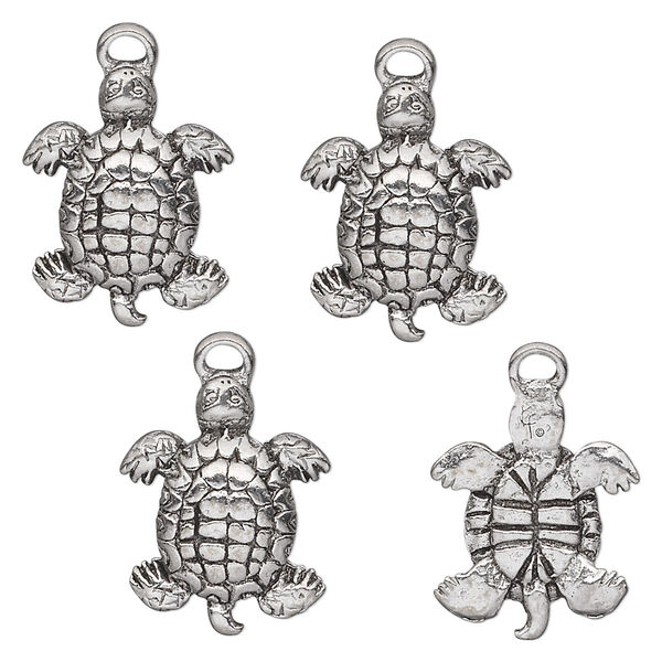 Charm, antiqued pewter (tin-based alloy), 17x14mm turtle. Sold per pkg of 4. image number 0