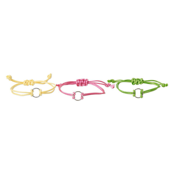Bracelet, waxed cotton cord and silver-finished steel, pink / green / yellow, 18mm wide with 18mm ring, adjustable from 6-10 inches with macramé knot closure. Sold per pkg of 3. image number 0