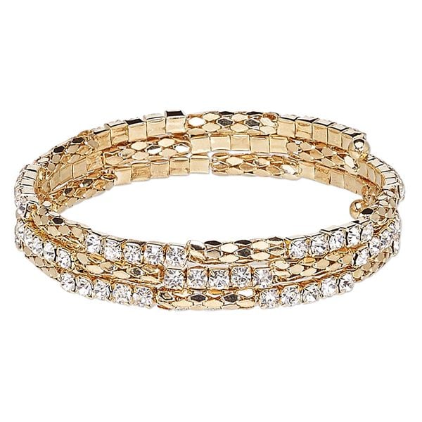 Bracelet, glass rhinestone with steel memory wire and gold-finished steel, clear, 12mm wide with cupchain and rounded diamond, adjustable from 7-1/2 to 8-1/2 inches. Sold individually. image number 0