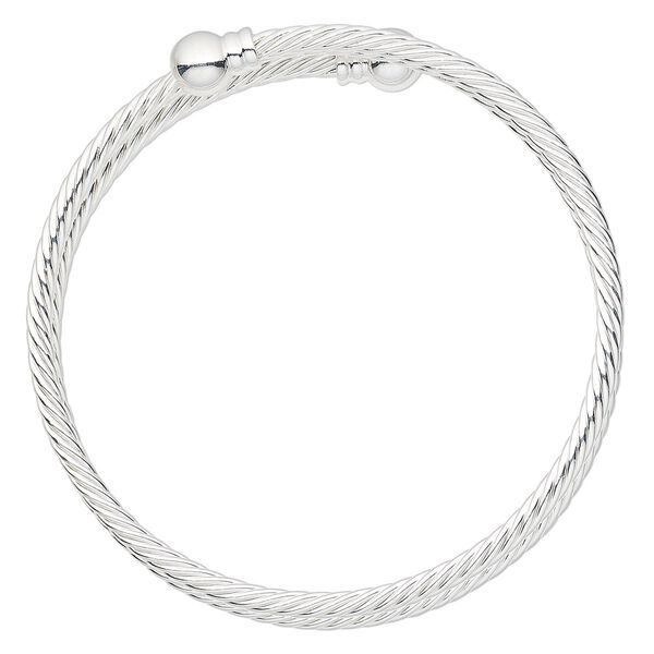 Bracelet, bangle, silver-plated brass, 3.5mm twisted wire with 8mm threaded ball end, adjustable from 7-1/2 to 8 inches. Sold individually. image number 0