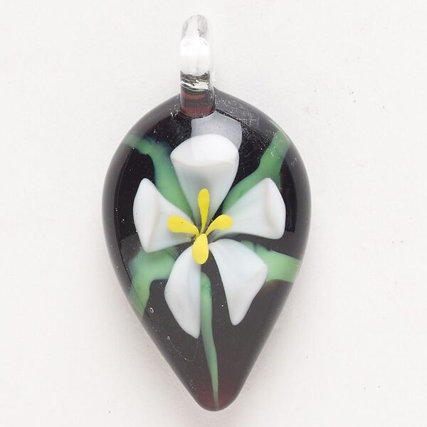 Focal, lampworked glass, pkg/1, opaque multicolored, 31x21mm-35x25mm teardrop with flower. image number 0