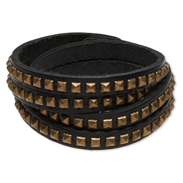 Bracelet, wrap, leather (dyed) with antique brass-plated steel and "pewter" (zinc-based alloy), black, 14mm wide with square studs, 6 inches with tab closure. Sold individually. image number 0