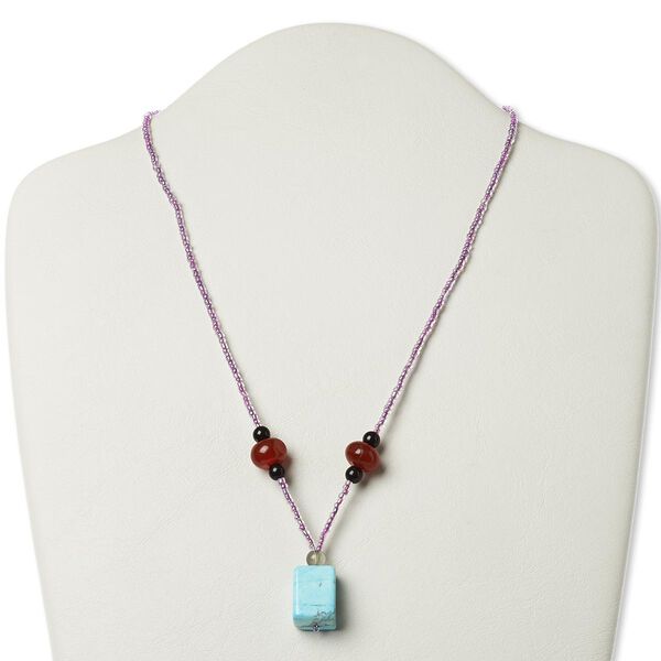Necklace, multi-gemstone (natural / dyed / stabilized) / glass / silver- or antiqued gold-finished "pewter" (zinc-based alloy), multicolored, 19x14mm flat rectangle, 17 inches with lobster claw clasp. Sold individually. image number 0