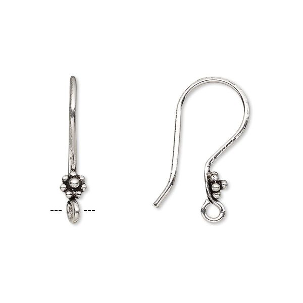 Ear wire fishhook 1pkg6 sterling silver, 21mm beaded flower / open loop, 18-20 gauge antiqued 3 pair image number 0