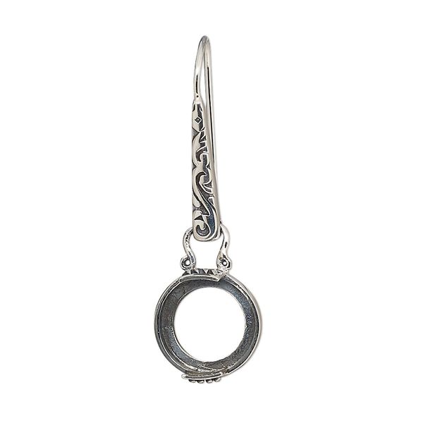 Earring fishhook 1pkg2 sterling silver, 35mm flourish marquise design / 10mm round cab 2-prong open back setting, 20 gauge antiqued 1 pair image number 0