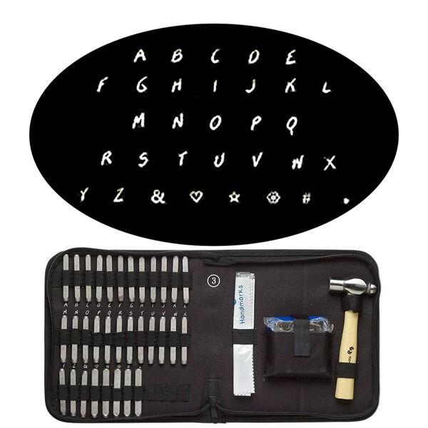 Stamp punch set, steel / wood / fabric, black, alphabetical uppercase letters A-Z / "&" symbol / "#" symbol / asterisk / apostrophe or comma / heart / star, includes ball peen hammer and steel block. Sold per 36-piece set. image number 0