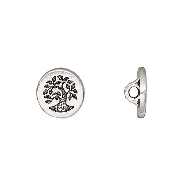 Button, TierraCast®, antique silver-plated pewter (tin-based alloy), 12mm flat round with bird in tree and loop. Sold per pkg of 20. image number 0