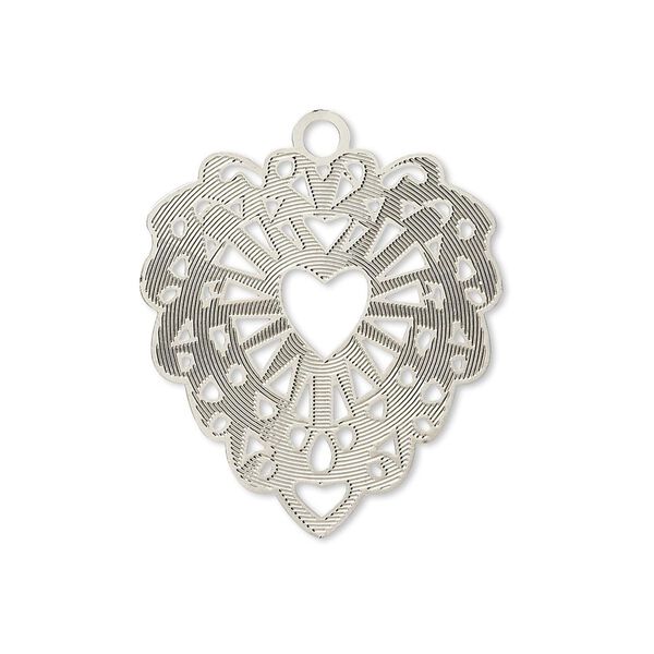 Drop, Lazer Lace™, silver-plated brass, 26x24mm fancy heart. Sold per pkg of 2. image number 0