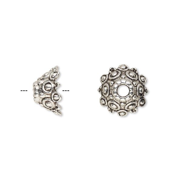 Bead cap, antique silver-finished "pewter" (zinc-based alloy), 12x7mm round with dots and scalloped edges, 3mm hole, fits 10-14mm bead. Sold per pkg of 20. image number 0