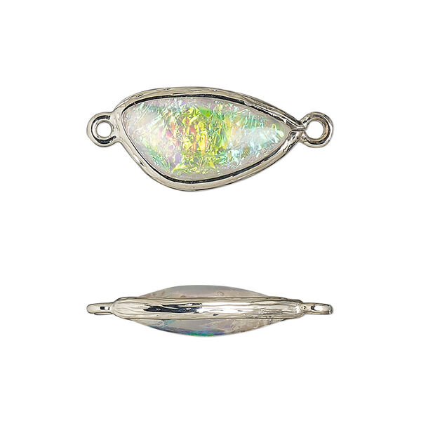 Link, Opalized Ice™, "opal" (resin) and imitation rhodium-finished brass, opaque white, 19.5x11mm double-sided wing. Sold per pkg of 4. image number 0