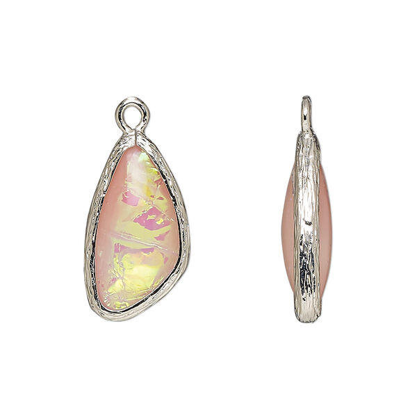 Drop, Opalized Ice™, "opal" (resin) and imitation rhodium-finished brass, opaque light pink, 19.5x11mm double-sided wing. Sold per pkg of 4. image number 0