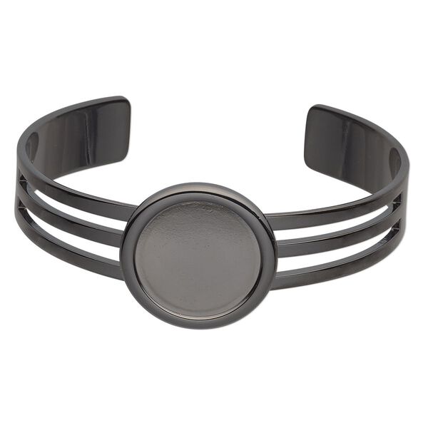 Bracelet, Almost Instant Jewelry®, cuff, gunmetal-plated brass and "pewter" (zinc-based alloy), 64x25mm with 20mm round setting, adjustable. Sold individually. image number 0