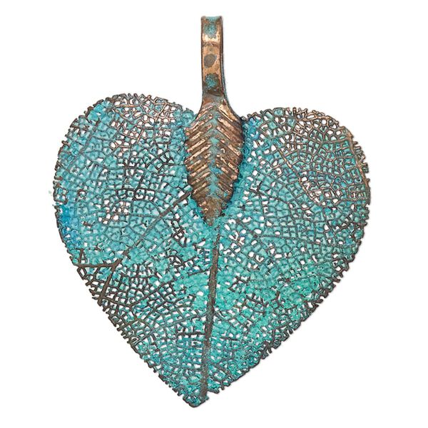Pendant, copper-plated brass and Indian rubber plant, green patina, 30x27mm-34x27mm double-sided heart. Sold individually. image number 0