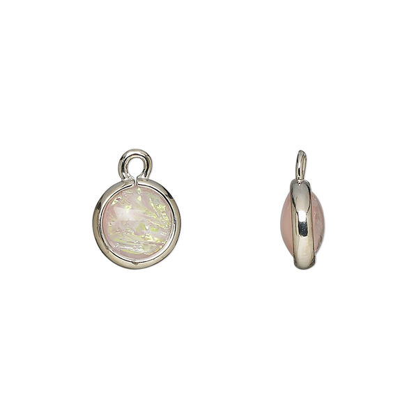 Drop, Opalized Ice™, "opal" (resin) and imitation rhodium-finished brass, opaque light pink, 9.5mm double-sided round. Sold per pkg of 6. image number 0