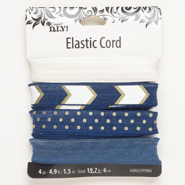 Ribbon, elastic and nylon, pkg/(4)1.5m, blues/white/gold, 15mm flat. image number 0