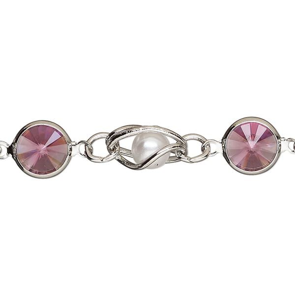 Chain, VINTAGE Crystal™, imitation rhodium-plated brass and crystal, rose and white, 9mm round pearl and rivoli link. Sold per pkg of 1 meter. image number 0
