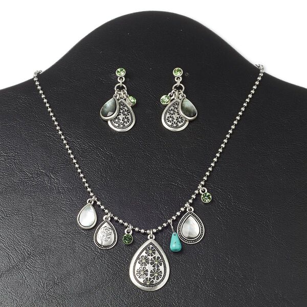 Necklace and earring set, crystals / black lip shell / magnesite (natural / dyed / stabilized) / antiqued silver-finished steel and "pewter" (zinc-based alloy), blue and peridot green, teardrop, 16 inches with 3-inch extender chain and lobster claw clasp, 1-5/8 inch earrings with post. Sold per set. image number 0