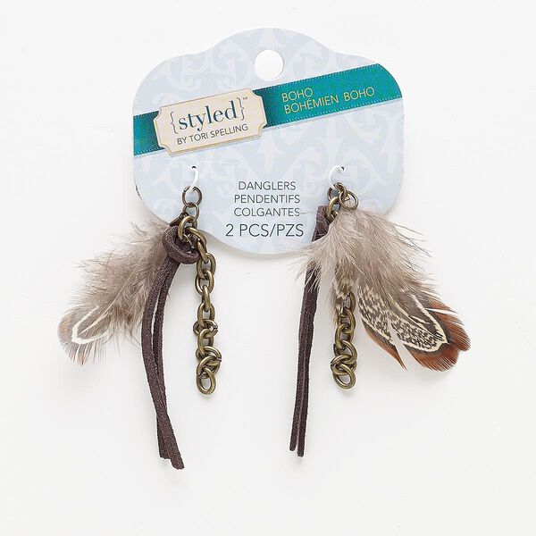 Focal, feather / leather (dyed) / antiqued brass-finished steel, brown, 66x10mm. Sold per pkg of 2. image number 0