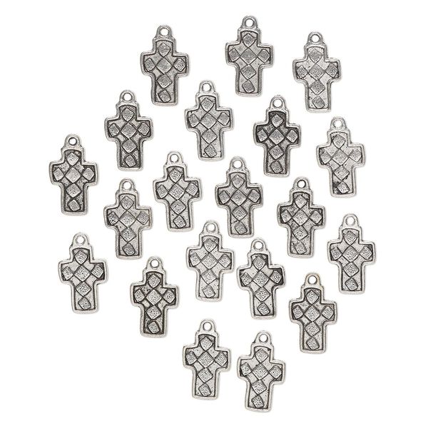 Drop, "pewter" (zinc-based alloy), pkg/20, 21x13mm single-sided cross with diamond pattern, antique silver finish. image number 0