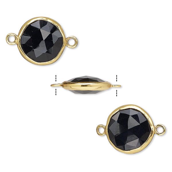 Link, black onyx (dyed) and gold-finished sterling silver, 12mm double-sided faceted round. Sold per pkg of 2. image number 0